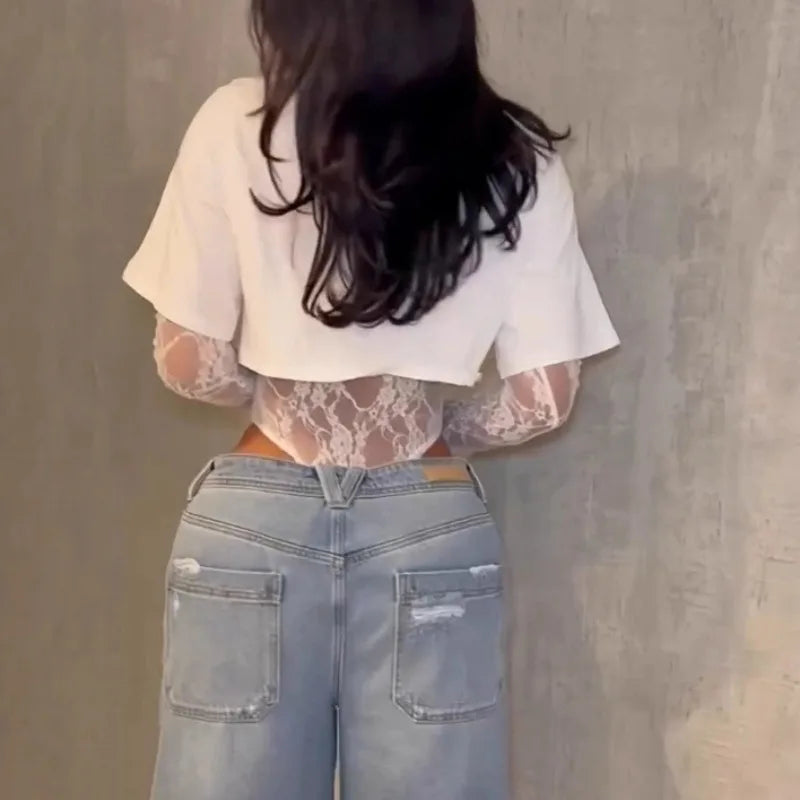 Crop top dentelle jacquard manches longues