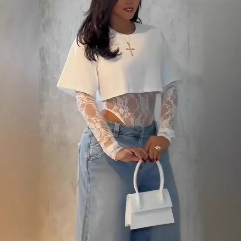 Crop top dentelle jacquard manches longues